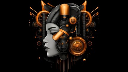Metallic Dreams: A cyborg woman's serene face, adorned with intricate steampunk gears and copper accents.