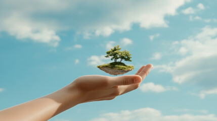 Hand reaching out to touch floating island with tree in surreal sky