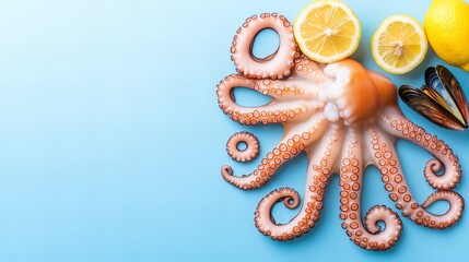 Naklejka premium Fresh seafood with octopus tentacles, lemon, and mussels on blue background
