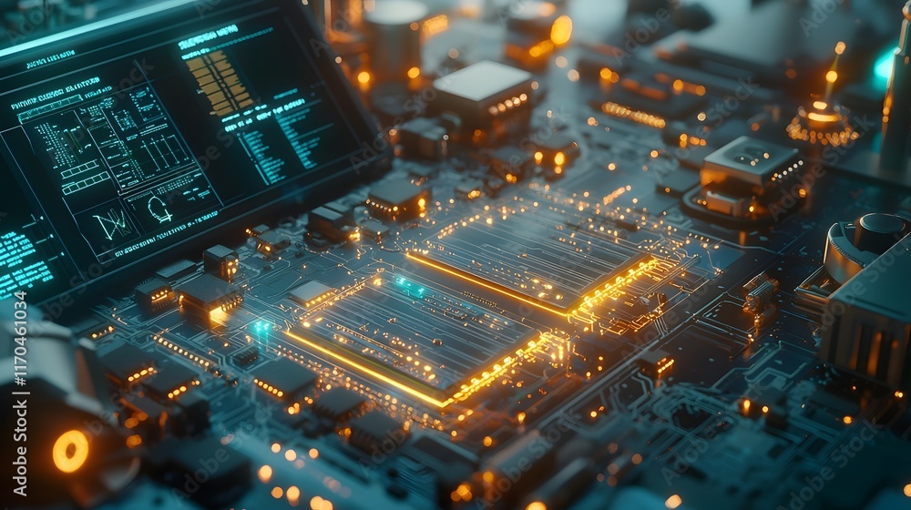 Poster detailed view of quantum computing hardware with glowing circuits and holographic dashboards process