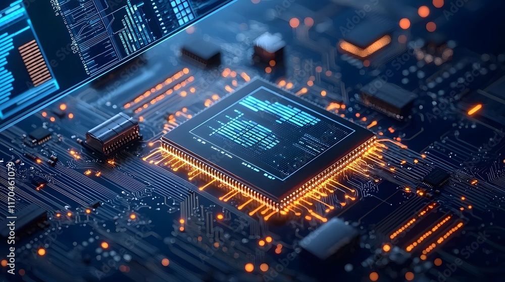 Poster detailed view of quantum computing hardware processing big data with glowing circuits and holographi