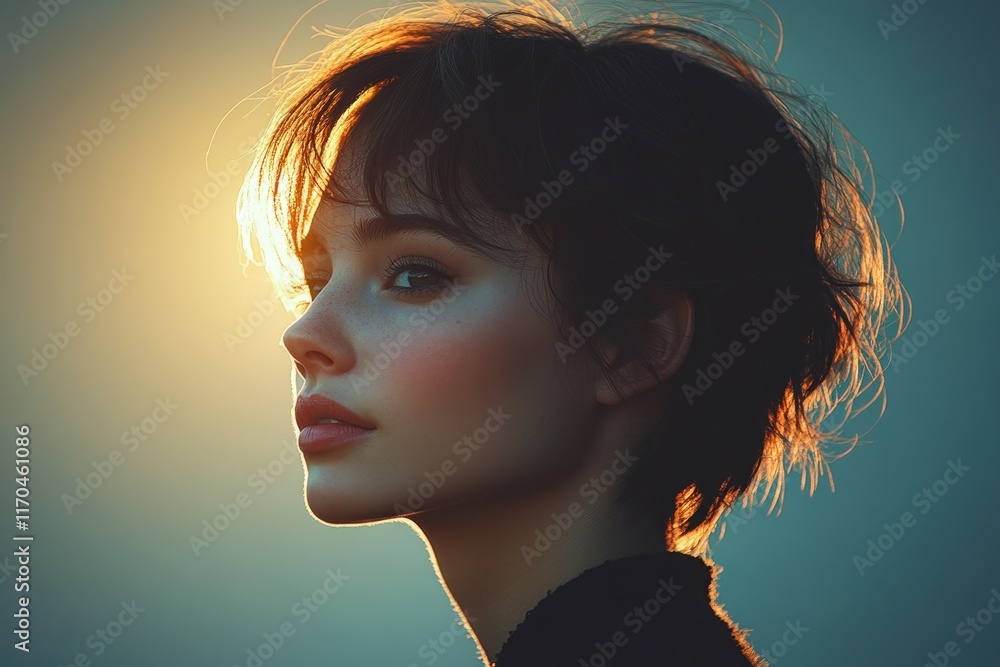 Wall mural Young Woman Portrait with Short Hair in Natural Light for Skincare and Hair Care