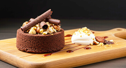 Chocolate dessert plated on a wooden cutting board