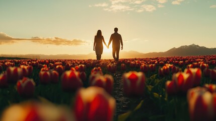 Couple enjoying a romantic walk through a blooming tulip field during sunset