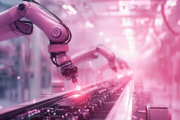 Futuristic Industrial Scene with Robotic Arms and Laser Technologies in a Modern Manufacturing Environment Featuring Soft Pink Lighting and Dynamic Visuals