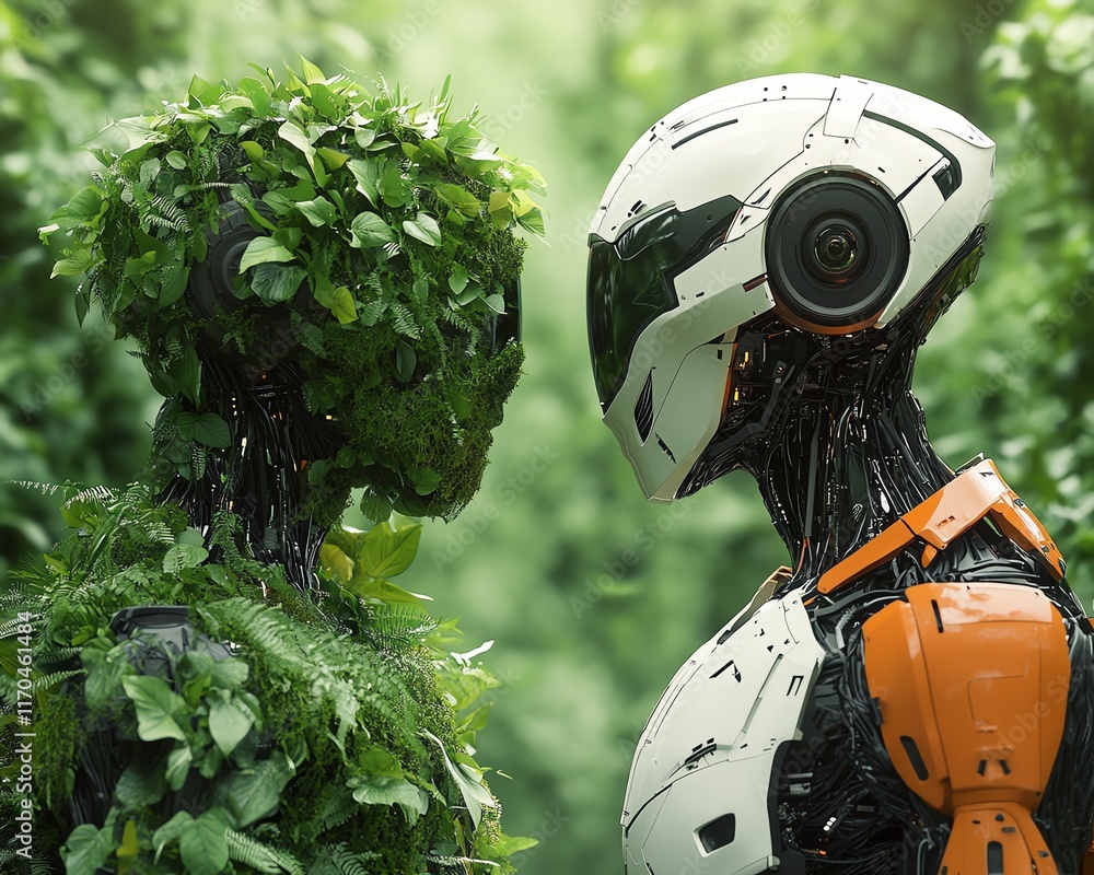 Poster futuristic robots, one camouflaged in foliage and the other metallic and sleek, standing face to fac