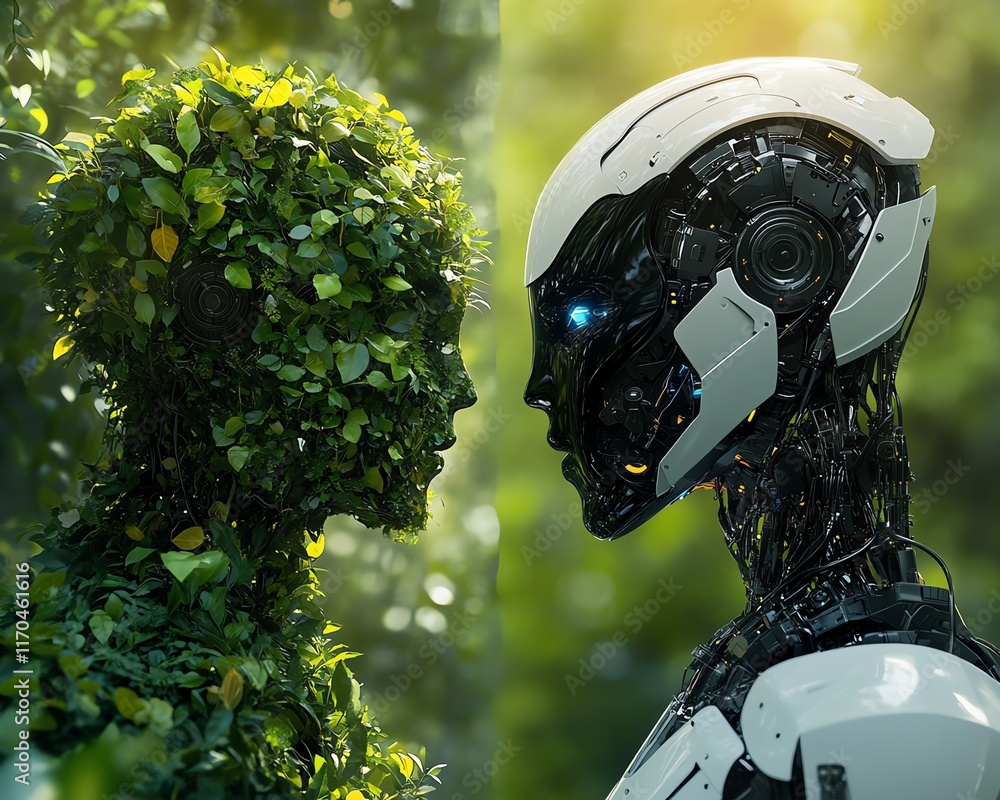 Aufkleber Futuristic robots, one camouflaged in foliage and the other metallic and sleek, standing face to face in a lush green background representing nature and technology