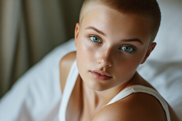 portrait of a young woman with blonde buzz cut, freckles, and blue eyes