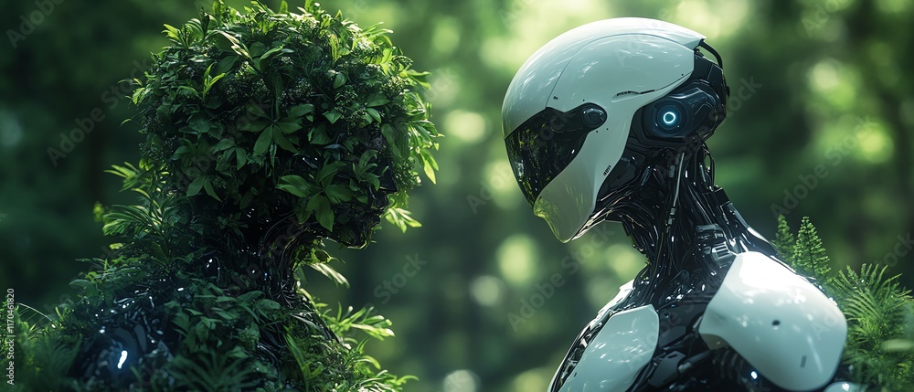 Poster futuristic scene with two humanoid robots, one covered in foliage and the other sleek and metallic, 