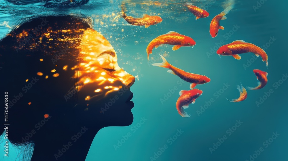 Aufkleber conceptual visualization of a woman immersed in water surrounded by colorful fish depicting harmony 