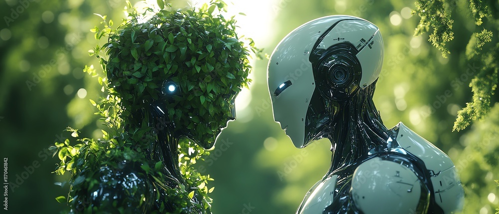 Poster futuristic scene with two humanoid robots, one covered in foliage and the other sleek and metallic, 