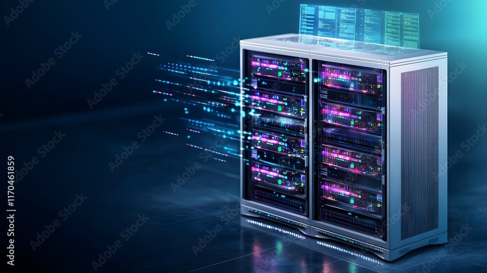 Poster futuristic data center powered by cutting edge quantum and cloud computing technology featuring glow