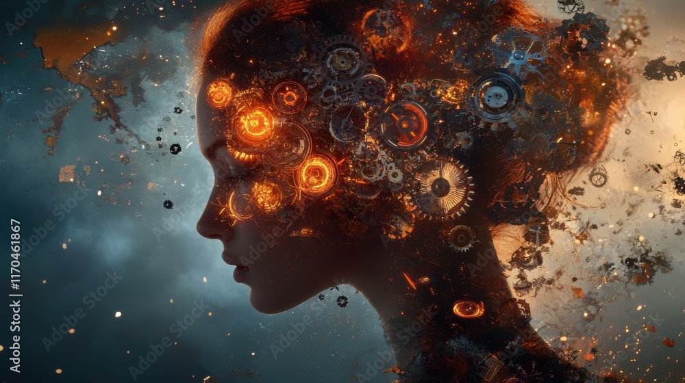 Poster conceptual visualization of a woman's profile with gears and fire representing creativity and innova