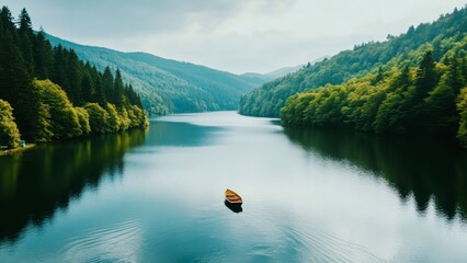 lake with a wooden boat floating landscape lush green forest and rolling hills 