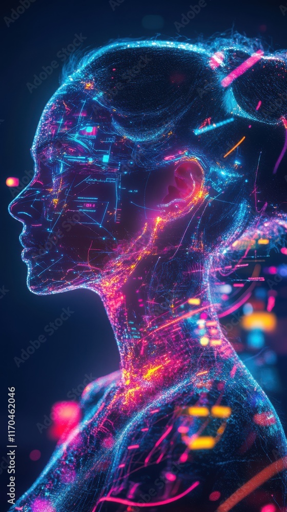 Poster Conceptual representation of a designer illustrating creative thoughts and digital innovation in a vibrant and futuristic style