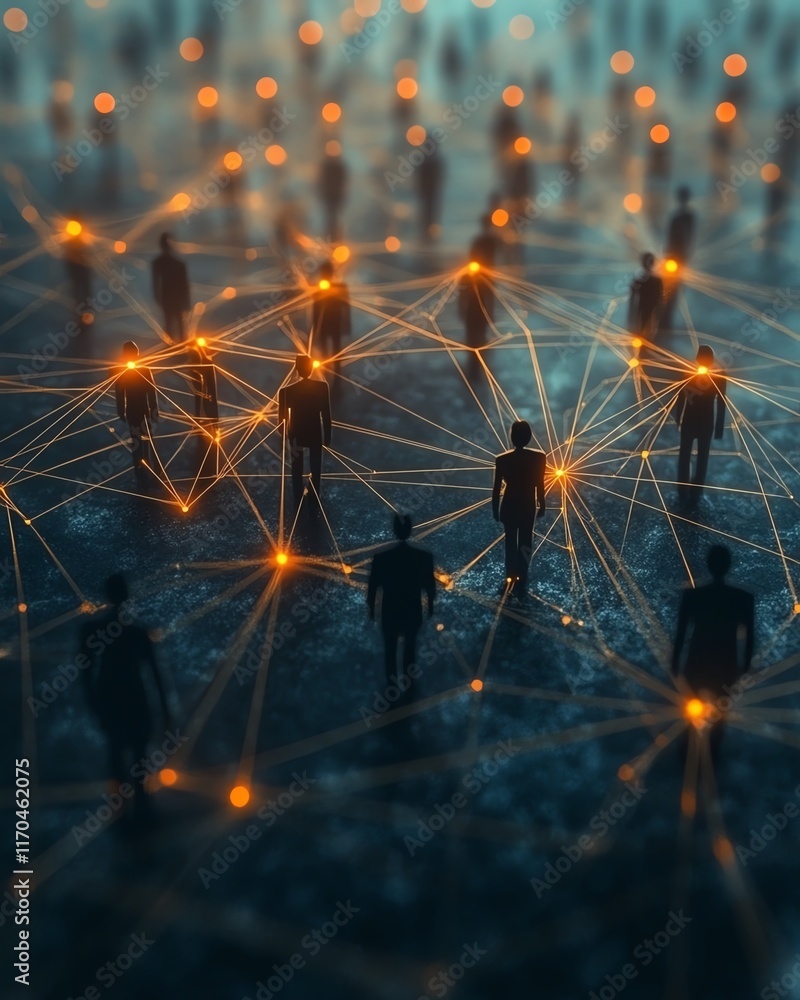 Poster group of diverse people connected by glowing network of lines and dots, symbolizing digital communic