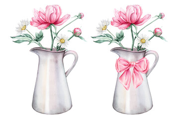 Watercolor bouquet of delicate pink peony and chamomile flowers in full bloom. Hand drawn illustration beautiful floral flower in light color jug or jar with pink bow. Summer botanical plant isolated.