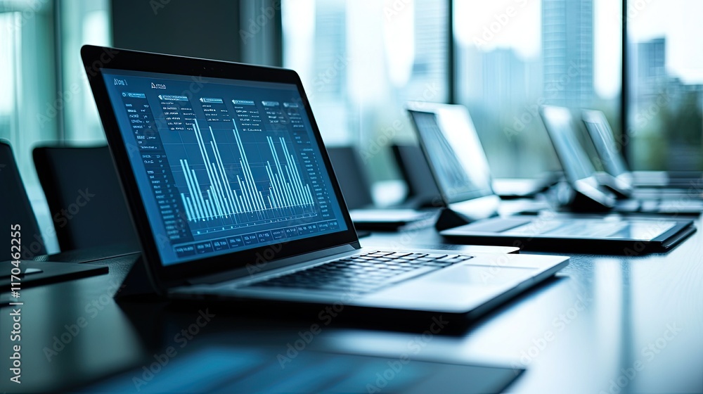Poster a modern office scene featuring laptops displaying data analytics, highlighting technology and produ