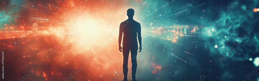 Poster man surrounded by glowing energy in a vibrant cosmic environment at twilight