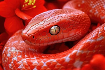 Fototapeta premium Vibrant Red Snake Sculpture in Decor for 2025 New Year Celebration, Artistic and Lively Design with Bright Flowers and Intricate Details