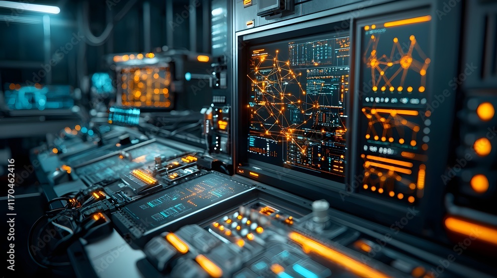 Poster futuristic high tech control room with glowing data pathways showcasing the of quantum computing and