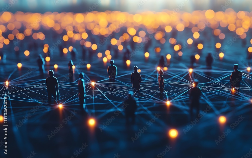 Poster large diverse group of people interconnected by glowing lines and dots, representing global digital 