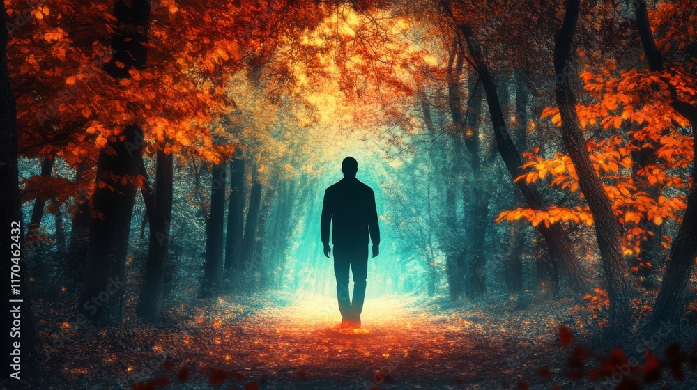 Poster man glowing in a vibrant autumn forest illuminated by soft light