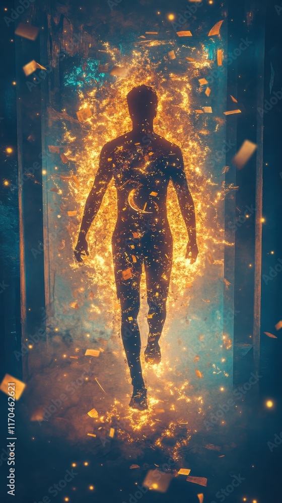 Poster Man illuminated with golden light walking through a mystical corridor with particles floating around