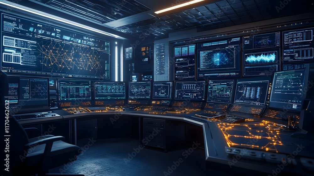 Poster futuristic control room interior featuring quantum computing systems integrated with cloud infrastru