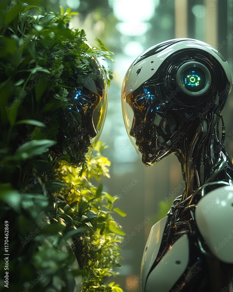 Poster two futuristic humanoid robots, one enveloped in foliage and the other sleek metallic, standing face