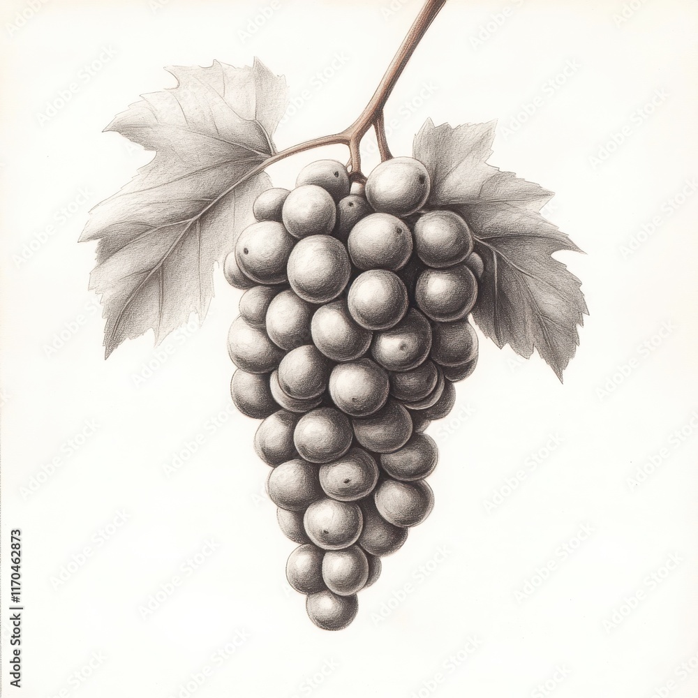 Poster Cluster of grapes hanging on a vine showcasing intricate details and shading techniques