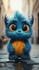 Fototapeta premium Cute blue furry monster holding a yellow ball on a city street.