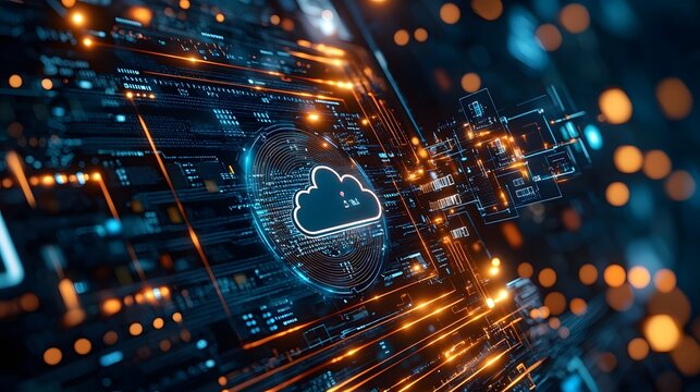 Futuristic holographic visualization of quantum computing and cloud systems exchanging real time data surrounded by glowing circuits and technological elements leaving copy space on the right side