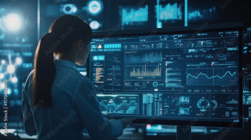Fototapete Professional analyzing financial data on advanced digital interface in a high-tech environment