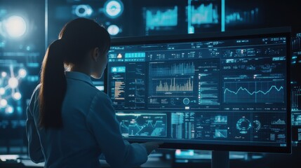 Professional analyzing financial data on advanced digital interface in a high-tech environment