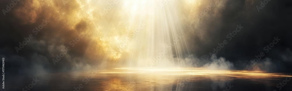 Poster celestial display of soft white and gold illuminating a tranquil landscape at dawn