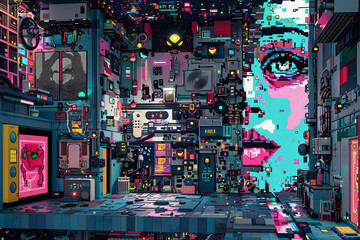 Obraz premium Bring to life the fusion of biography and advanced technologies through unconventional camera angles, merging pixel art with vivid colors for a unique and captivating visual narrative