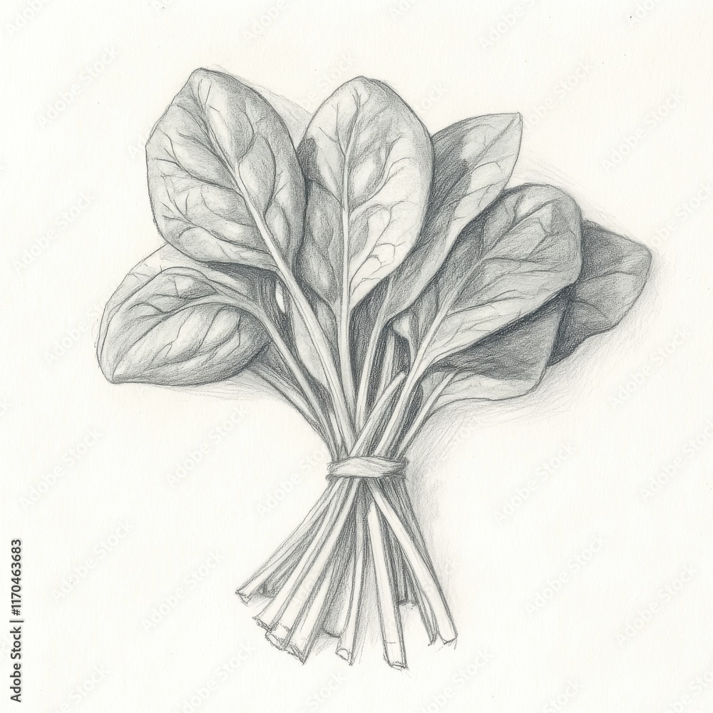 Poster Bundle of spinach leaves sketched in pencil showcasing detailed botanical features and leaf structure