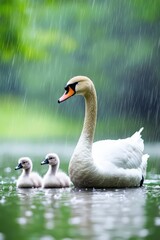 Fototapeta premium A swan protecting her cygnets from the rain.