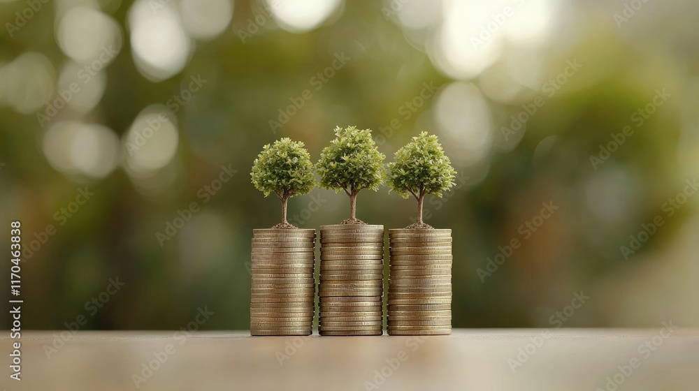 Poster a miniature forest of trees grows atop stacks of coins, symbolizing the connection between financial