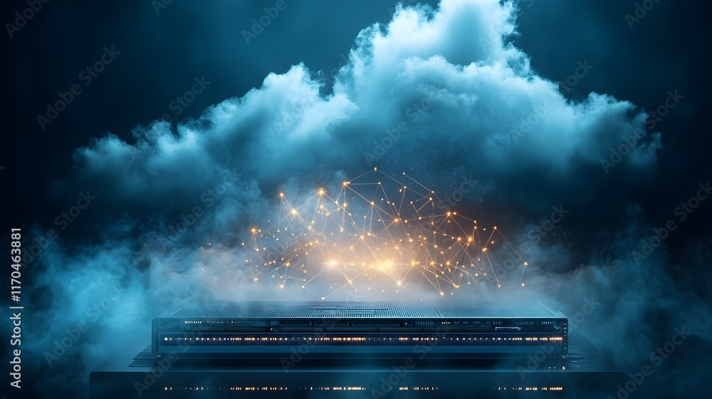 Poster A quantum computer processing vast amounts of data in the cloud with luminous data clusters and entangled qubit visualizations