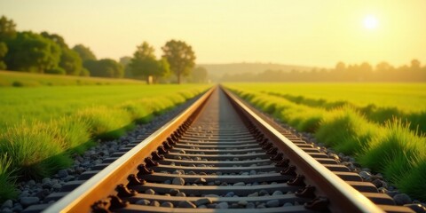 Obraz premium Golden Hour Railway Track Extending into Verdant Fields