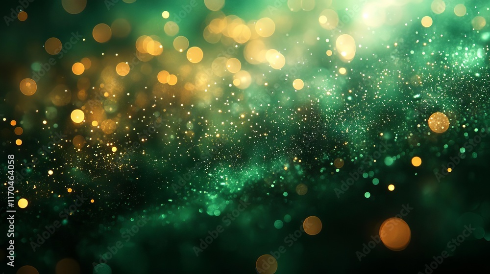 Poster a mesmerizing blend of green and gold bokeh lights creating a magical atmosphere.