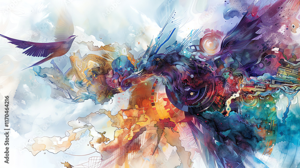 Poster capture the birds-eye view of mystical creatures merged with futuristic technologies in a surreal la