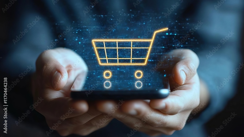 Aufkleber a person using a smartphone with a digital shopping cart interface.