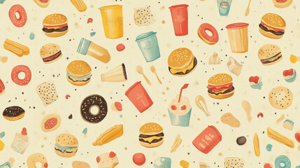 Seamless pattern with vector flat icons of cheeseburger, pizza, burrito, french fries, nachos chips, hot dog, soda drink, ice cream, popcorn, tacos, donuts, meal snacks, drinks desserts milk shake.
