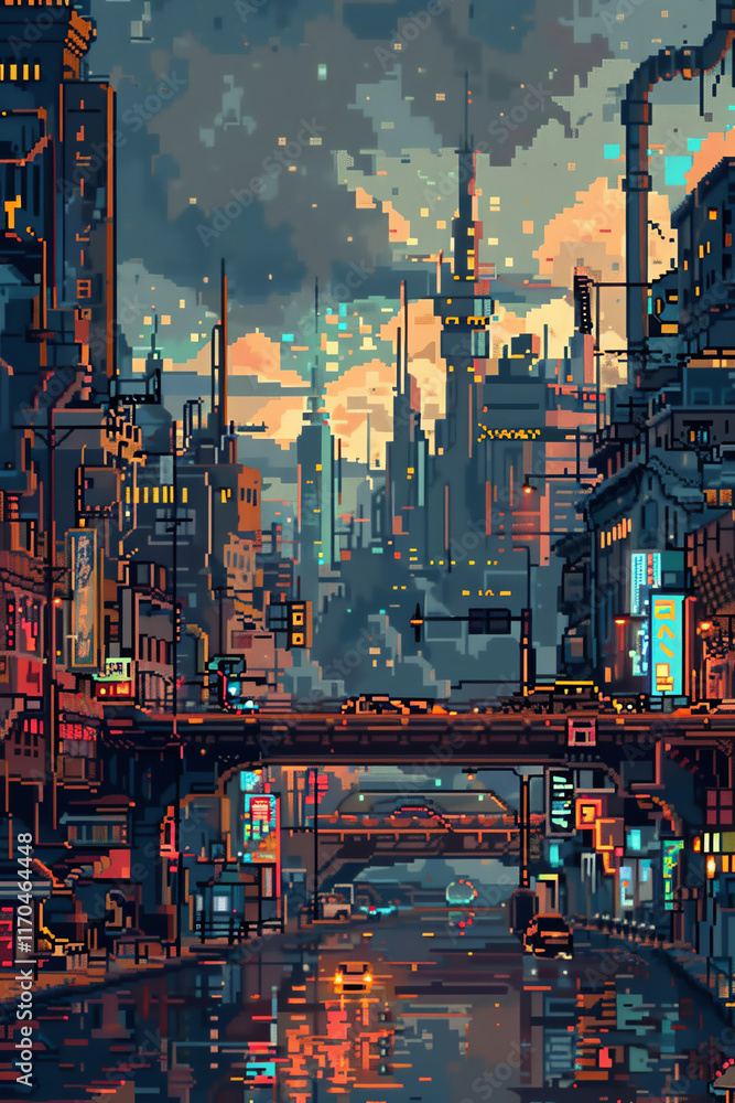 Poster capture the essence of impressionism merging with a futuristic cityscape background use pixel art te