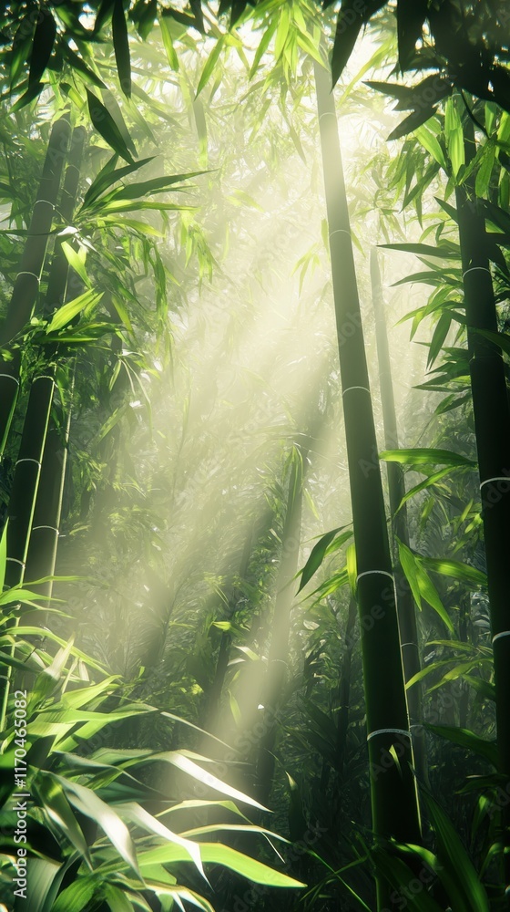 Poster sunlight filters through dense bamboo, illuminating the tranquil forest atmosphere during the early 