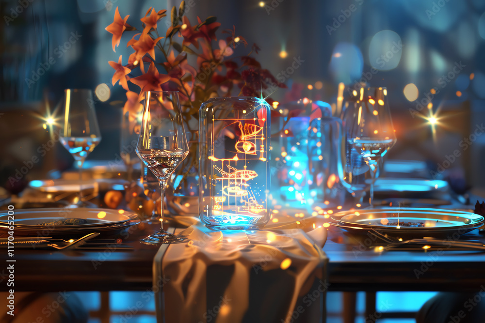 Poster capture the ethereal glow of holographic projections illuminating an intimate dinner scene from a lo