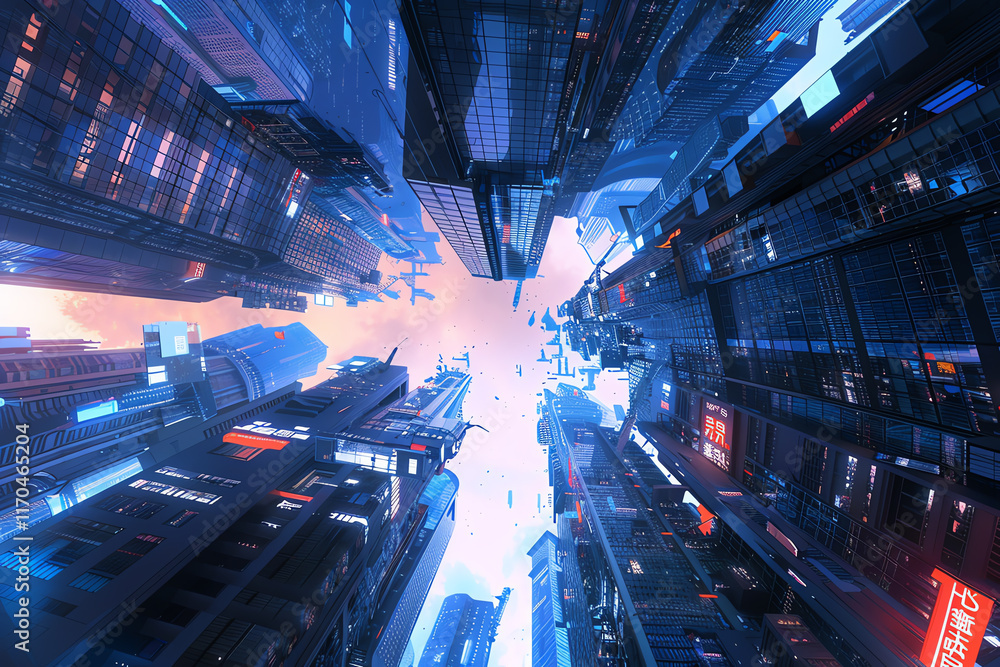 Poster capture the essence of urban exploration with a low-angle view in a futuristic cityscape, incorporat